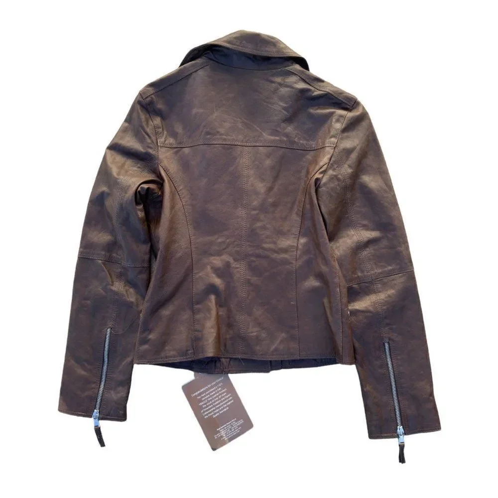 Peruzzi Vera Pelle‎ Leather Italian Made Moto Style Jacket Brown Women's 2